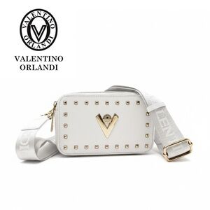 Valentino Orlandi White Leather Studded Camera Crossbody Bag Gold V NEW